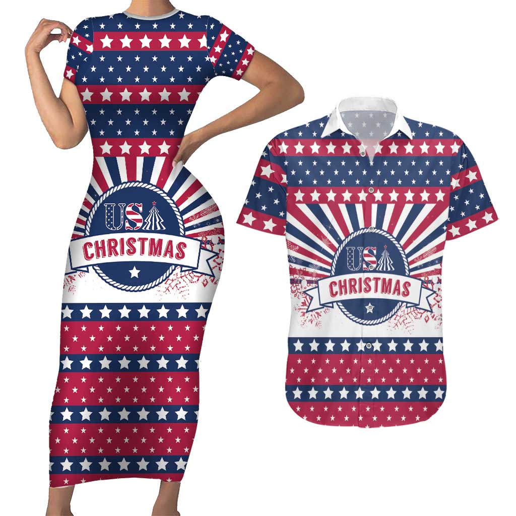 USA Christmas Couples Matching Short Sleeve Bodycon Dress and Hawaiian Shirt The Stars and Stripes Xmas Style - Wonder Print Shop