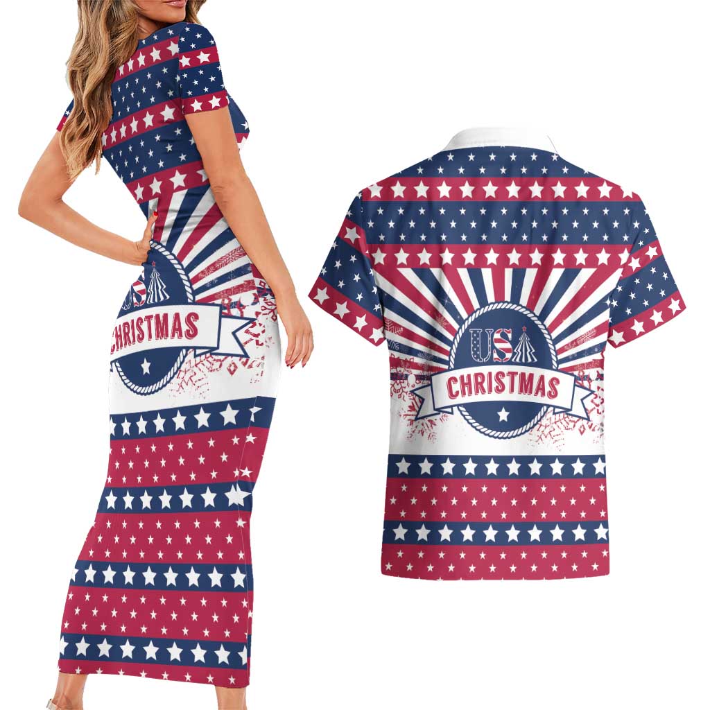 USA Christmas Couples Matching Short Sleeve Bodycon Dress and Hawaiian Shirt The Stars and Stripes Xmas Style - Wonder Print Shop