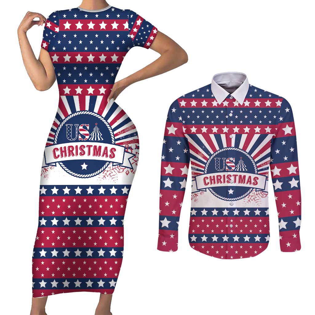 USA Christmas Couples Matching Short Sleeve Bodycon Dress and Long Sleeve Button Shirt The Stars and Stripes Xmas Style - Wonder Print Shop
