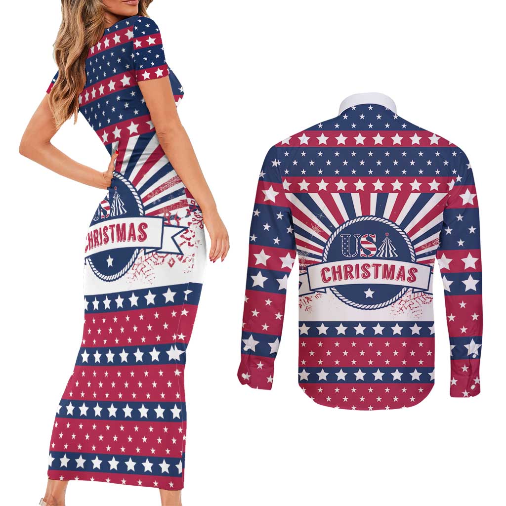 USA Christmas Couples Matching Short Sleeve Bodycon Dress and Long Sleeve Button Shirt The Stars and Stripes Xmas Style - Wonder Print Shop