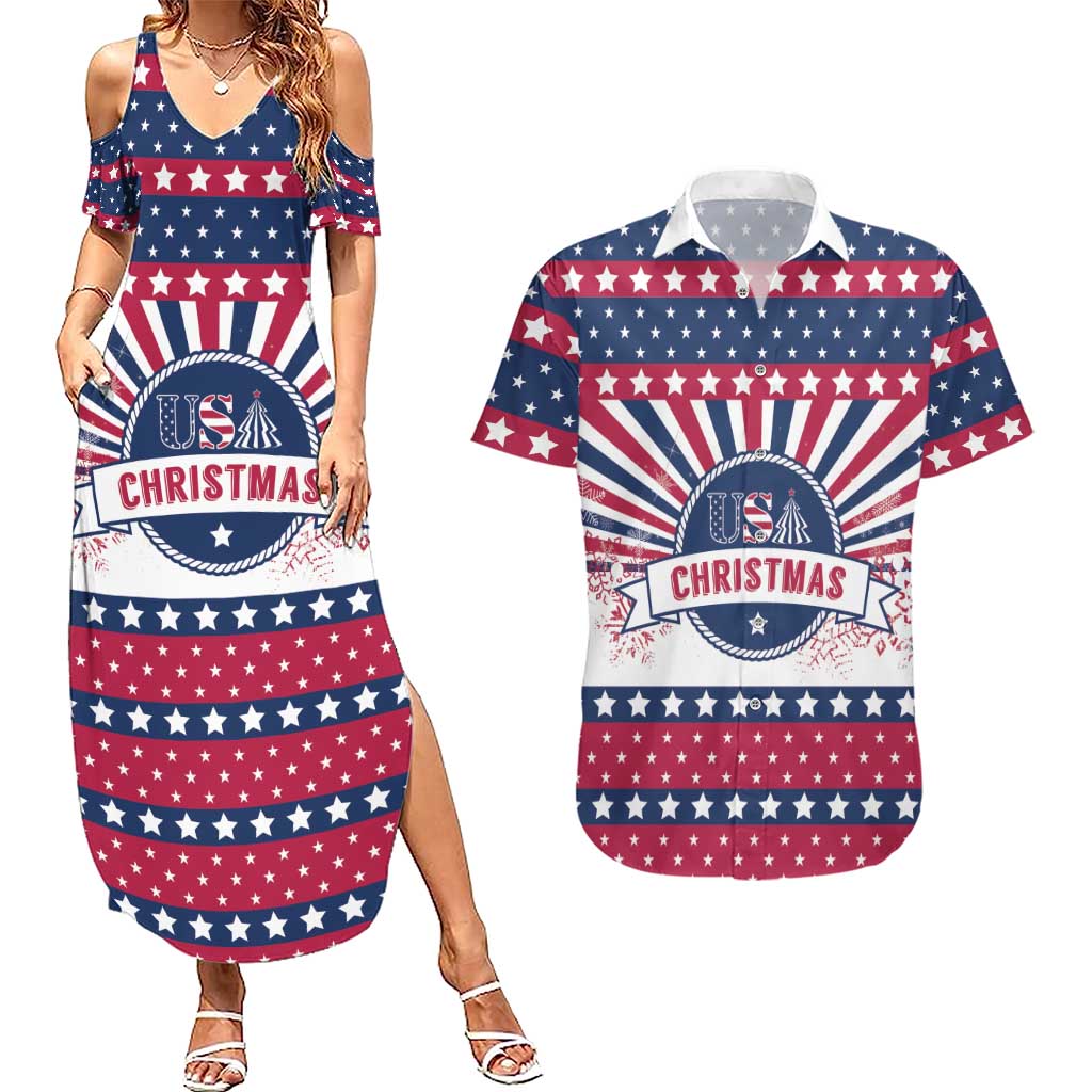USA Christmas Couples Matching Summer Maxi Dress and Hawaiian Shirt The Stars and Stripes Xmas Style - Wonder Print Shop