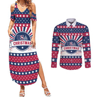 USA Christmas Couples Matching Summer Maxi Dress and Long Sleeve Button Shirt The Stars and Stripes Xmas Style - Wonder Print Shop