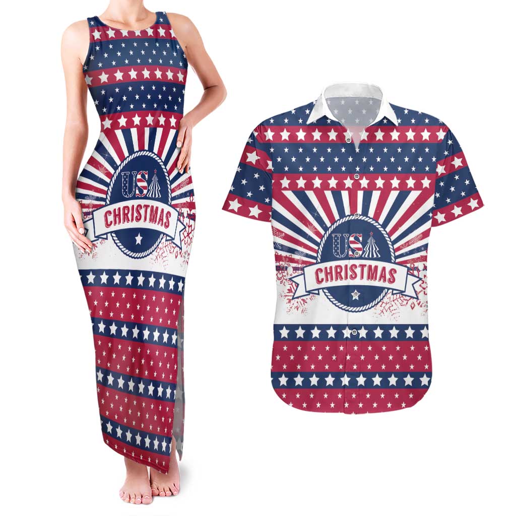 USA Christmas Couples Matching Tank Maxi Dress and Hawaiian Shirt The Stars and Stripes Xmas Style - Wonder Print Shop