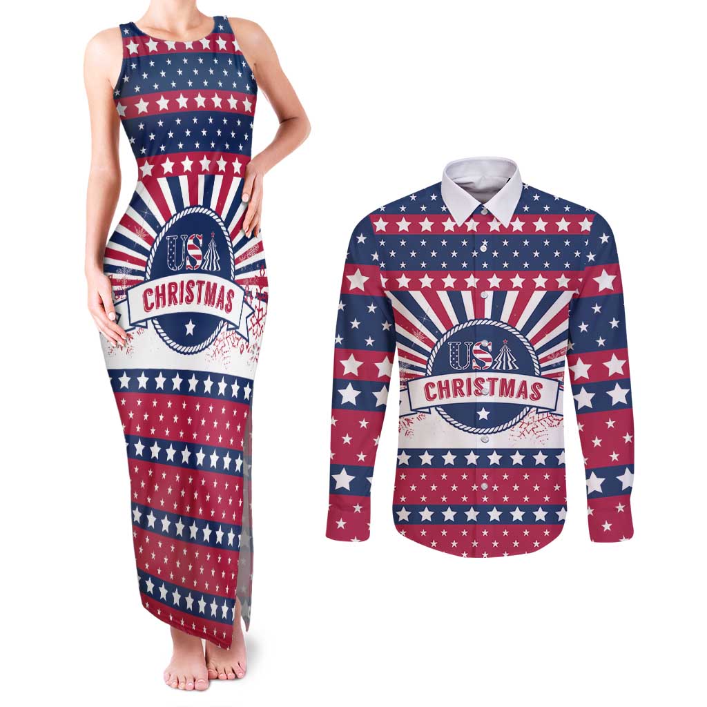 USA Christmas Couples Matching Tank Maxi Dress and Long Sleeve Button Shirt The Stars and Stripes Xmas Style - Wonder Print Shop
