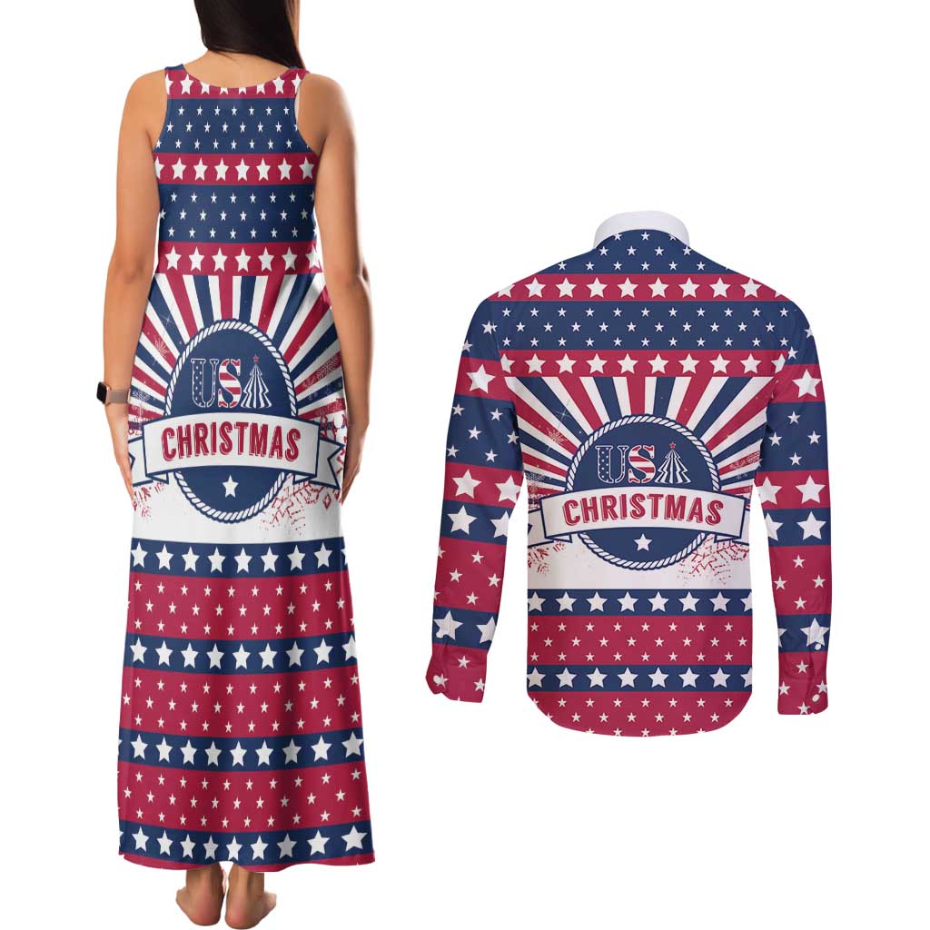 USA Christmas Couples Matching Tank Maxi Dress and Long Sleeve Button Shirt The Stars and Stripes Xmas Style - Wonder Print Shop