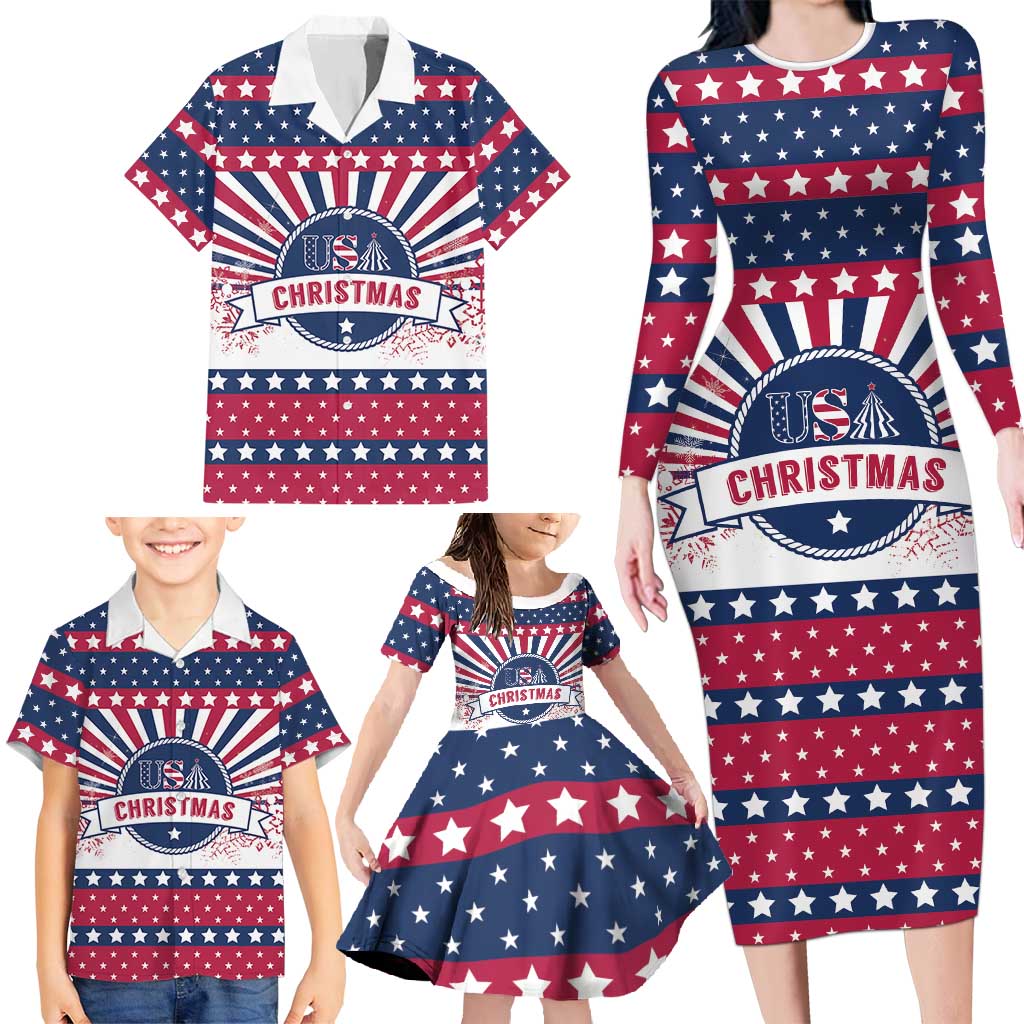 USA Christmas Family Matching Long Sleeve Bodycon Dress and Hawaiian Shirt The Stars and Stripes Xmas Style - Wonder Print Shop