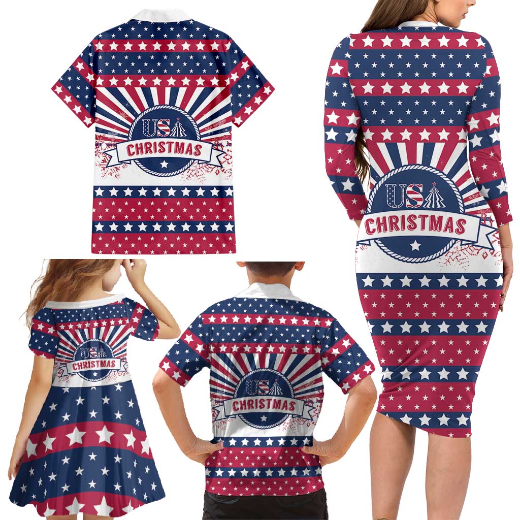 USA Christmas Family Matching Long Sleeve Bodycon Dress and Hawaiian Shirt The Stars and Stripes Xmas Style - Wonder Print Shop