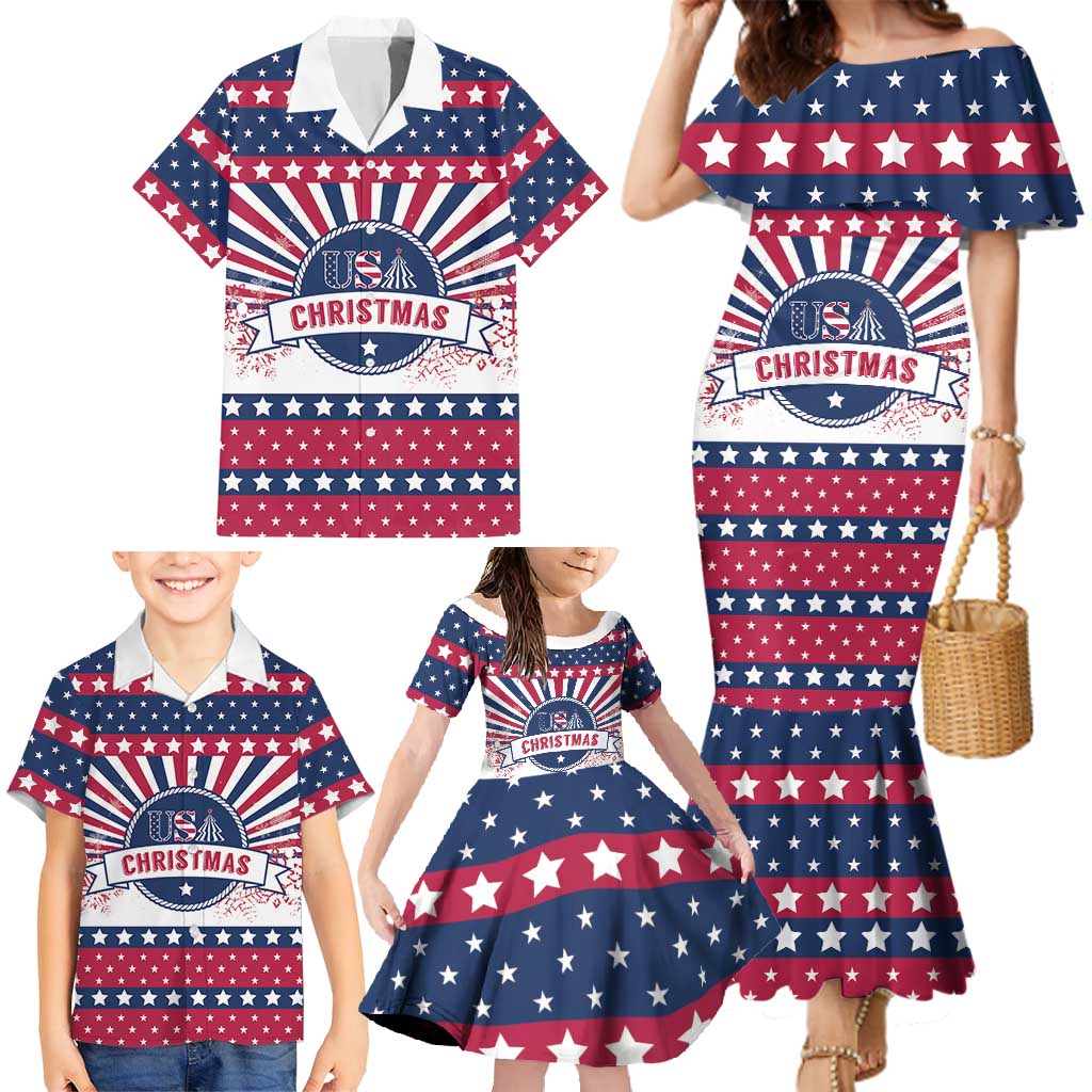 USA Christmas Family Matching Mermaid Dress and Hawaiian Shirt The Stars and Stripes Xmas Style - Wonder Print Shop