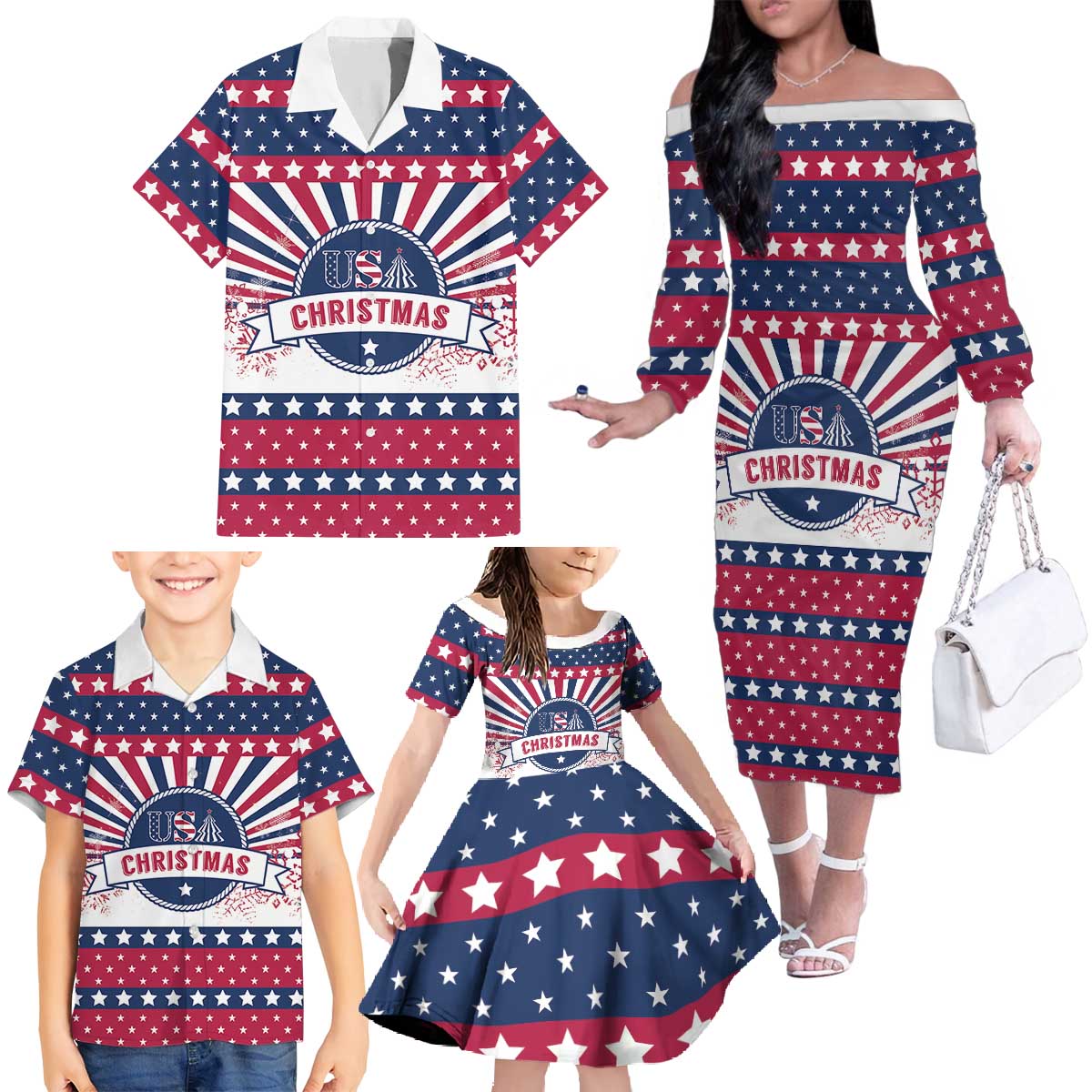 USA Christmas Family Matching Off The Shoulder Long Sleeve Dress and Hawaiian Shirt The Stars and Stripes Xmas Style - Wonder Print Shop