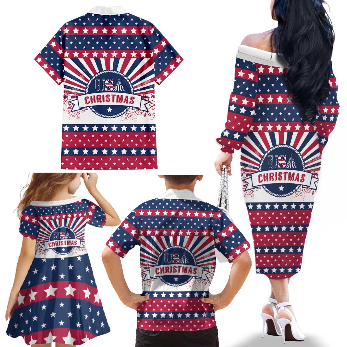 USA Christmas Family Matching Off The Shoulder Long Sleeve Dress and Hawaiian Shirt The Stars and Stripes Xmas Style - Wonder Print Shop