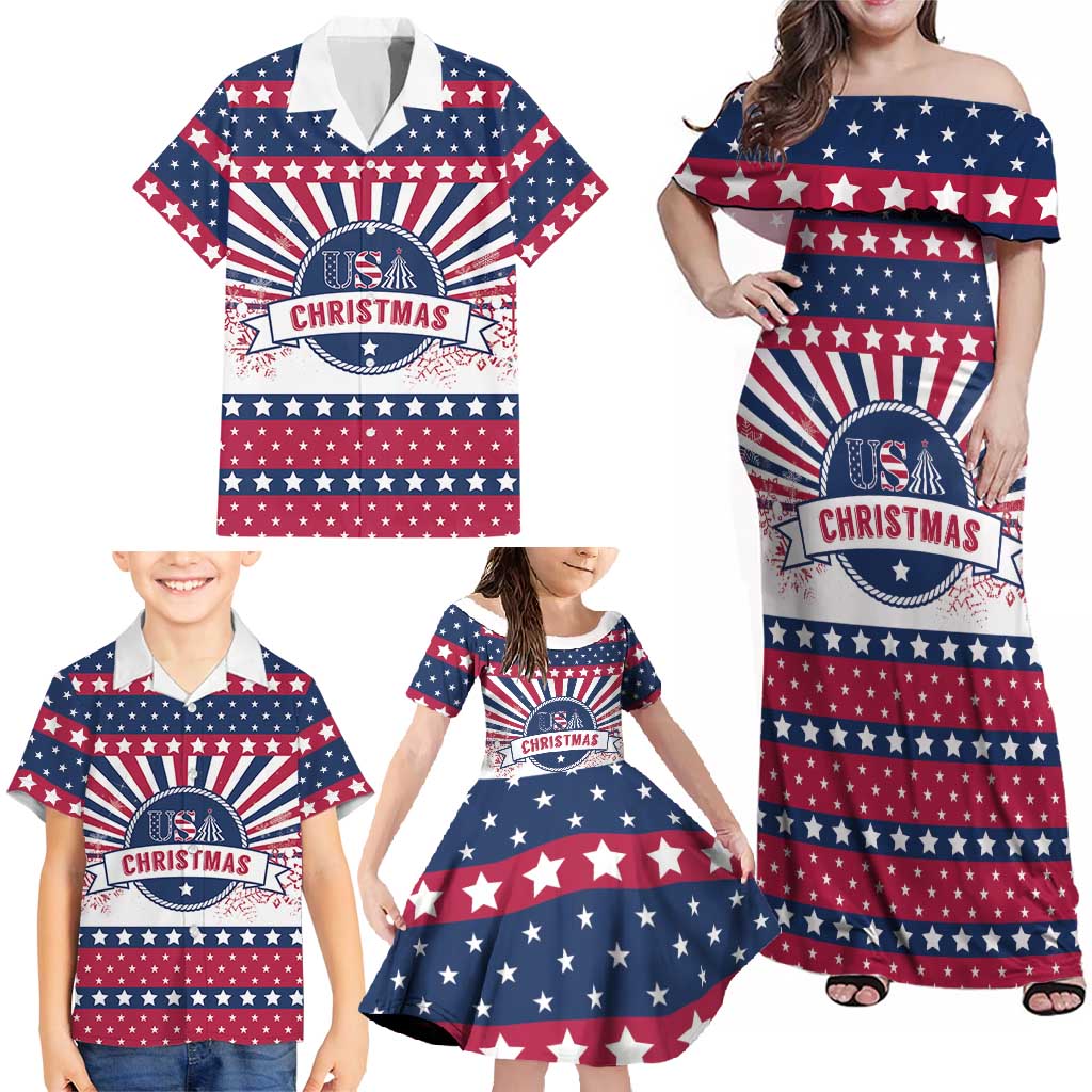 USA Christmas Family Matching Off Shoulder Maxi Dress and Hawaiian Shirt The Stars and Stripes Xmas Style - Wonder Print Shop