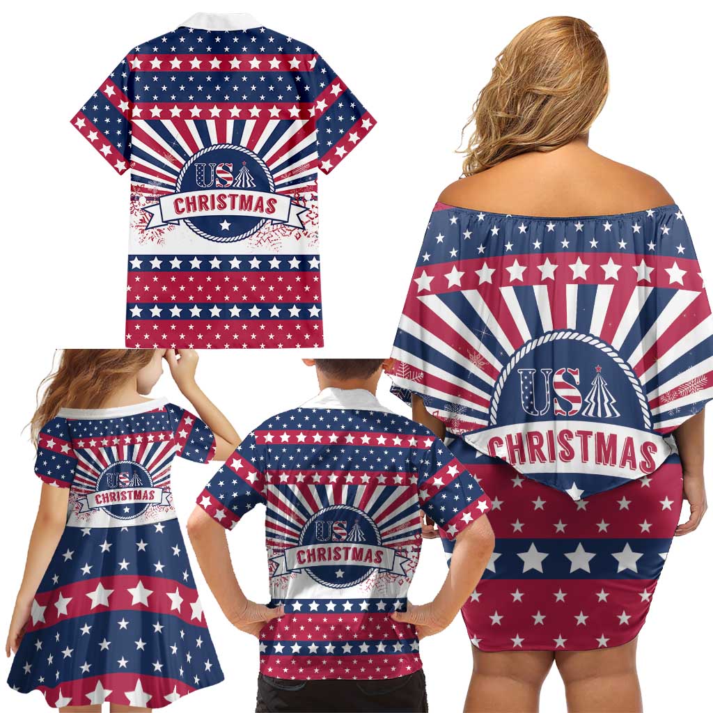 USA Christmas Family Matching Off Shoulder Short Dress and Hawaiian Shirt The Stars and Stripes Xmas Style - Wonder Print Shop