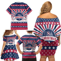 USA Christmas Family Matching Off Shoulder Short Dress and Hawaiian Shirt The Stars and Stripes Xmas Style - Wonder Print Shop