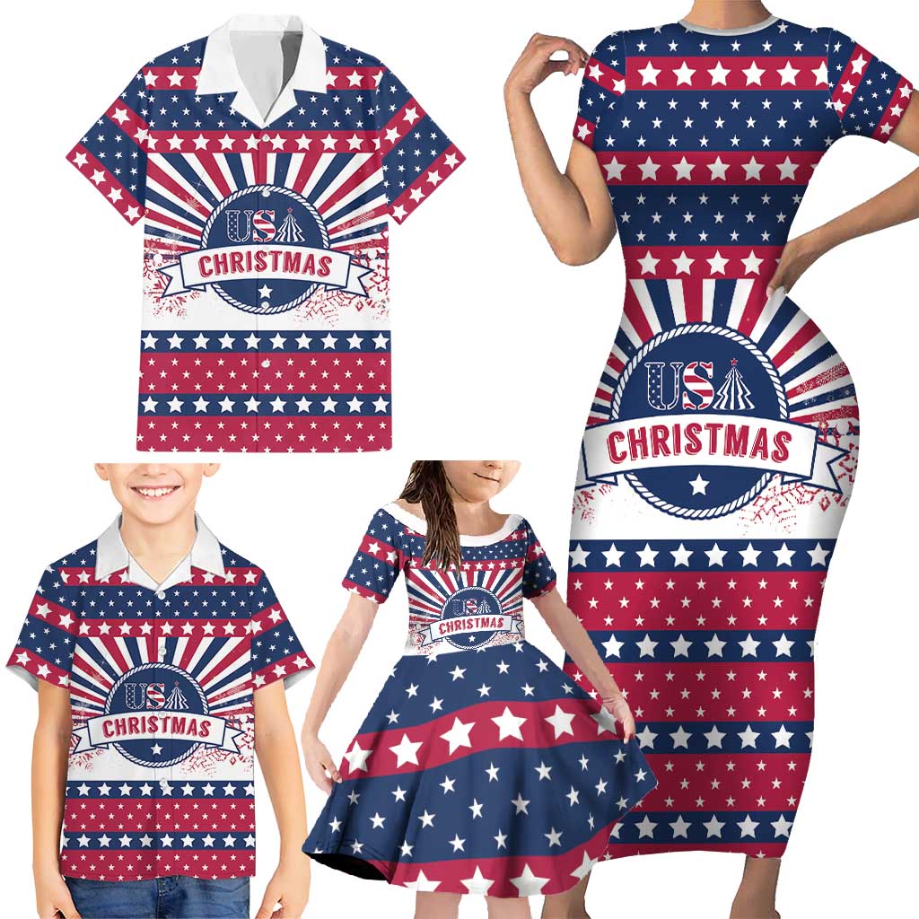 USA Christmas Family Matching Short Sleeve Bodycon Dress and Hawaiian Shirt The Stars and Stripes Xmas Style - Wonder Print Shop