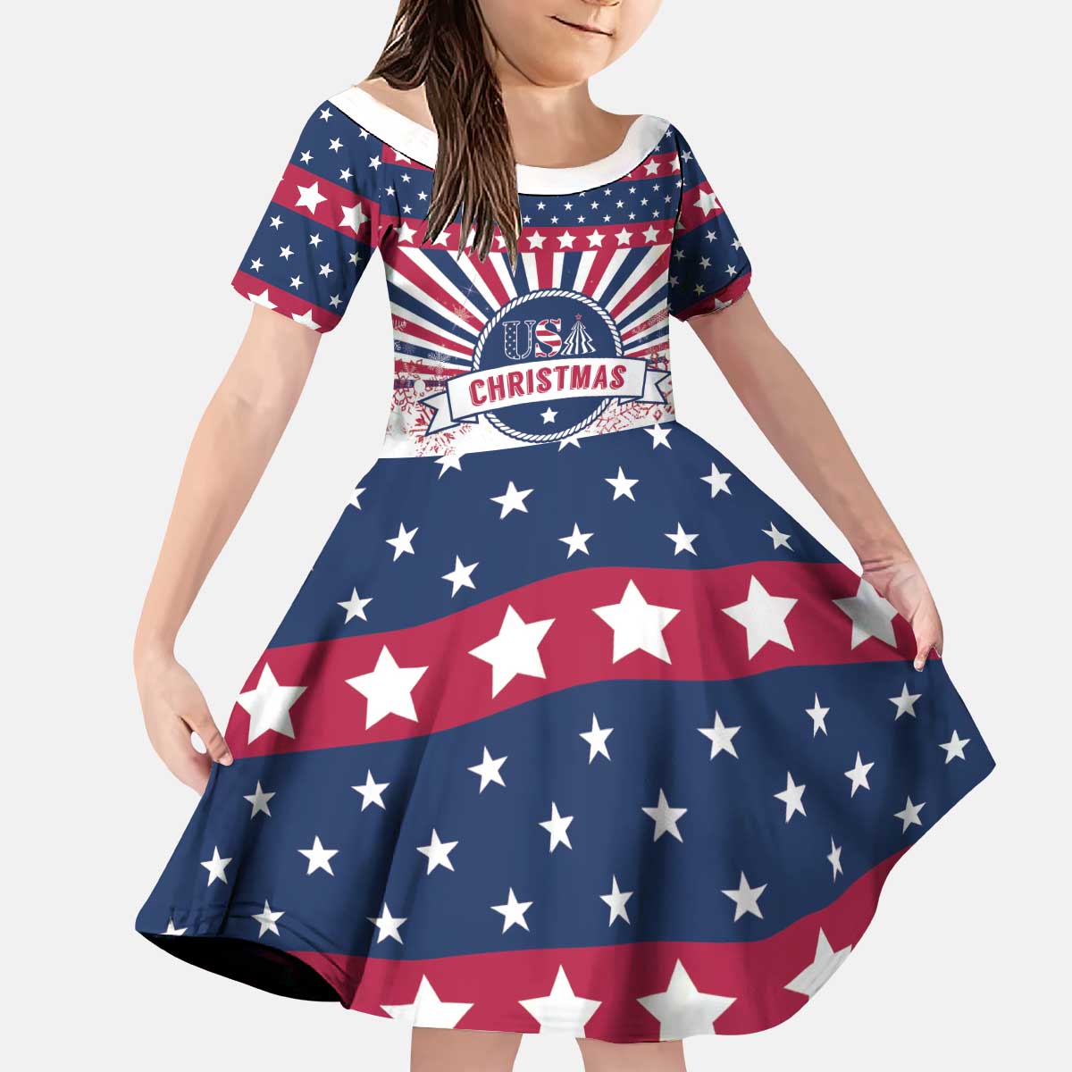 USA Christmas Kid Short Sleeve Dress The Stars and Stripes Xmas Style - Wonder Print Shop