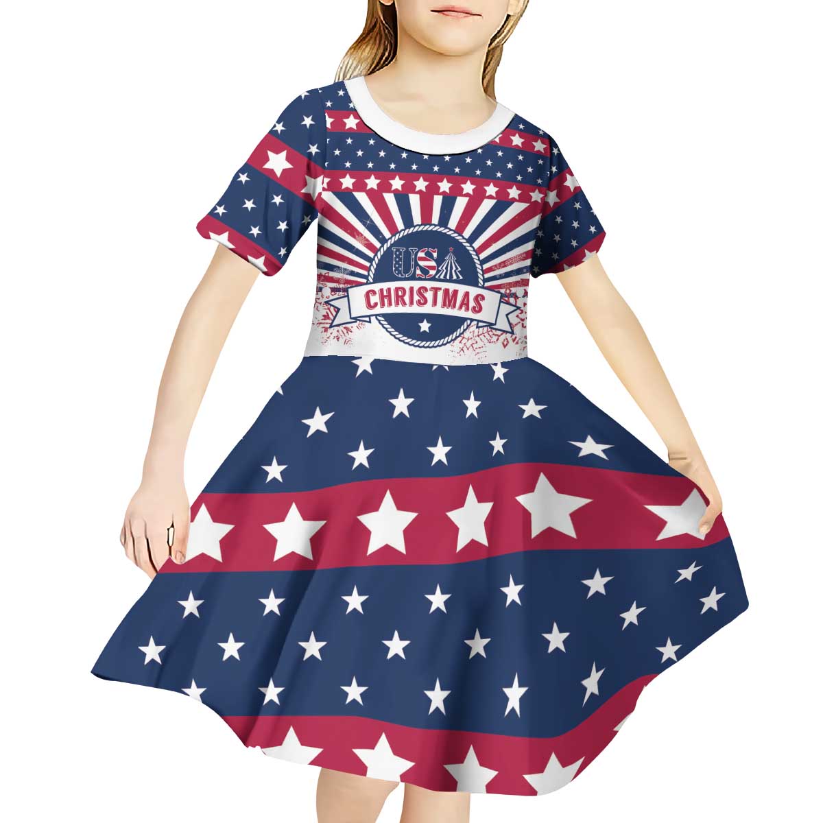 USA Christmas Kid Short Sleeve Dress The Stars and Stripes Xmas Style - Wonder Print Shop