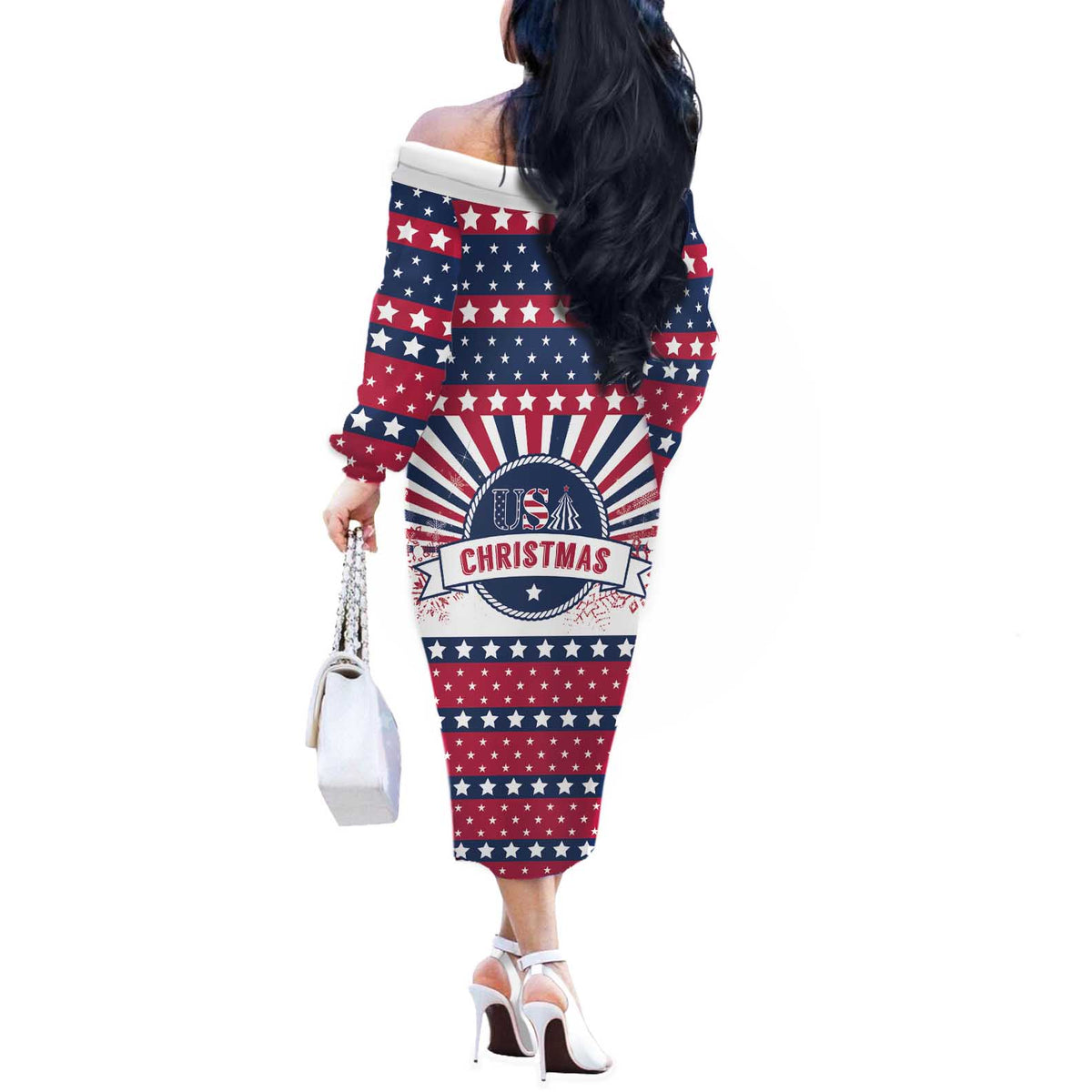 USA Christmas Off The Shoulder Long Sleeve Dress The Stars and Stripes Xmas Style - Wonder Print Shop