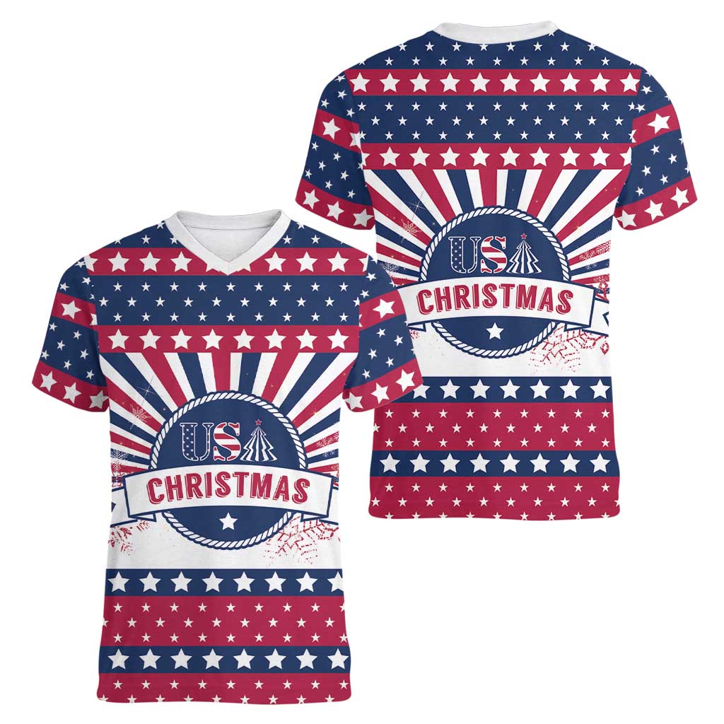 USA Christmas Women V-Neck T-Shirt The Stars and Stripes Xmas Style - Wonder Print Shop