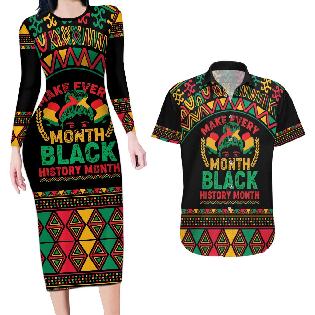 Make Every Month Black History Month Couples Matching Long Sleeve Bodycon Dress and Hawaiian Shirt African Pattern - Wonder Print Shop