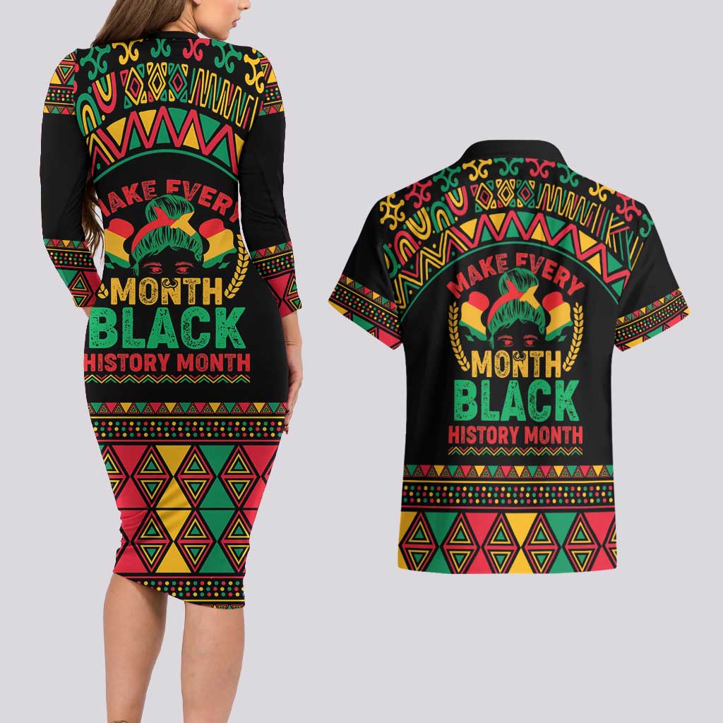 Make Every Month Black History Month Couples Matching Long Sleeve Bodycon Dress and Hawaiian Shirt African Pattern - Wonder Print Shop