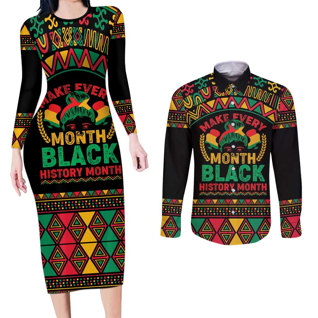Make Every Month Black History Month Couples Matching Long Sleeve Bodycon Dress and Long Sleeve Button Shirt African Pattern - Wonder Print Shop
