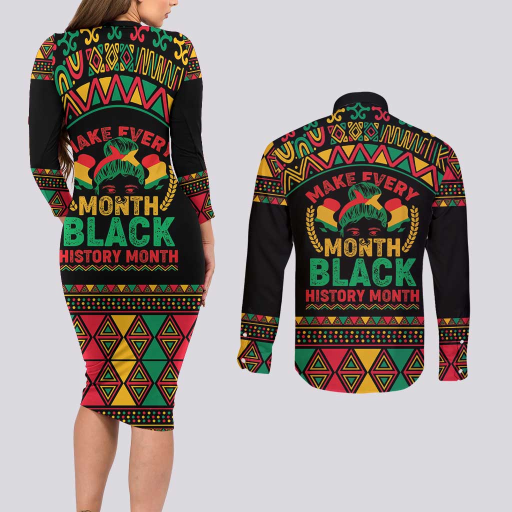Make Every Month Black History Month Couples Matching Long Sleeve Bodycon Dress and Long Sleeve Button Shirt African Pattern - Wonder Print Shop