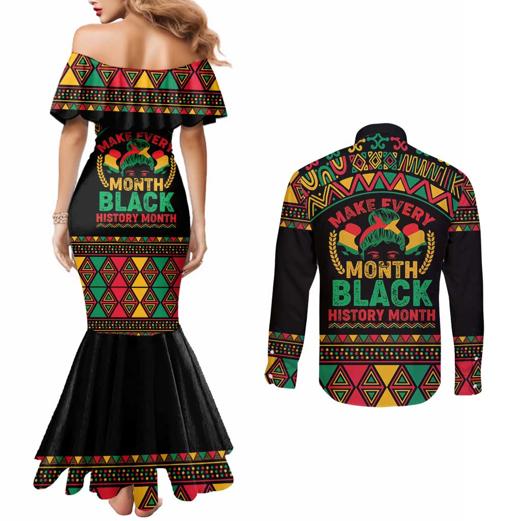 Make Every Month Black History Month Couples Matching Mermaid Dress and Long Sleeve Button Shirt African Pattern