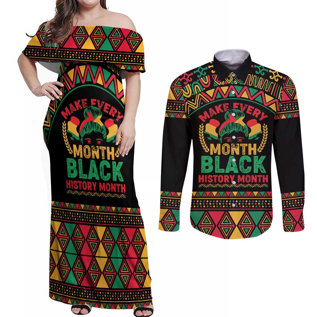Make Every Month Black History Month Couples Matching Off Shoulder Maxi Dress and Long Sleeve Button Shirt African Pattern - Wonder Print Shop