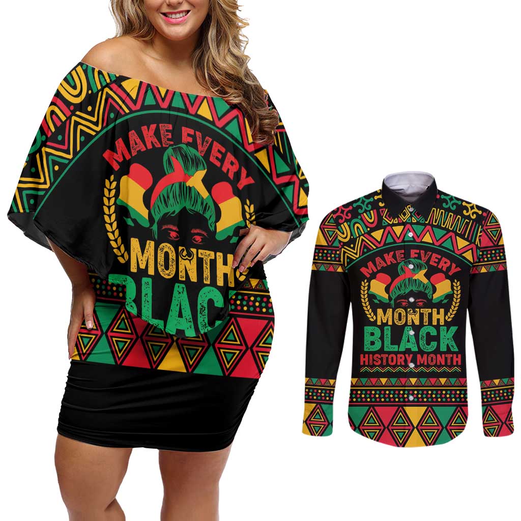 Make Every Month Black History Month Couples Matching Off Shoulder Short Dress and Long Sleeve Button Shirt African Pattern - Wonder Print Shop