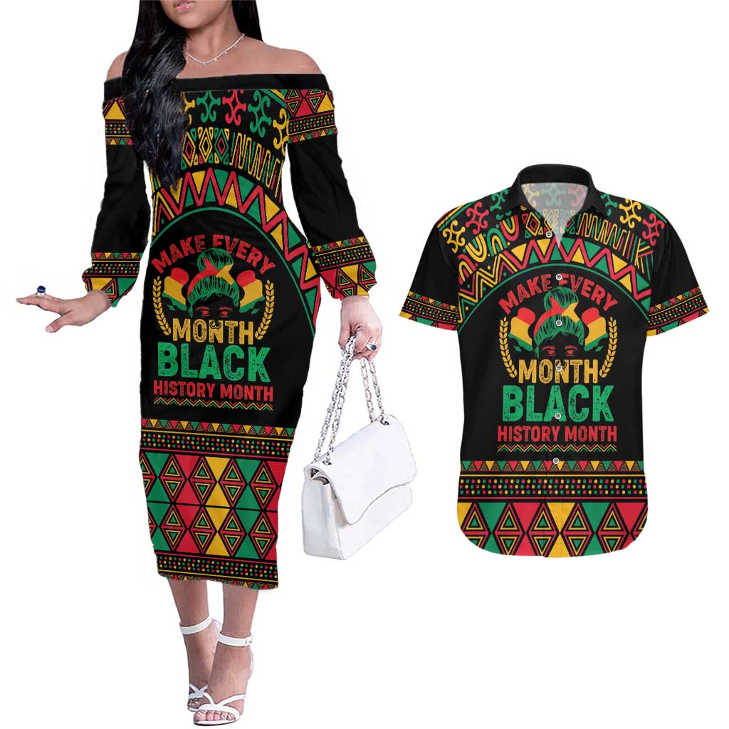 Make Every Month Black History Month Couples Matching Off The Shoulder Long Sleeve Dress and Hawaiian Shirt African Pattern - Wonder Print Shop