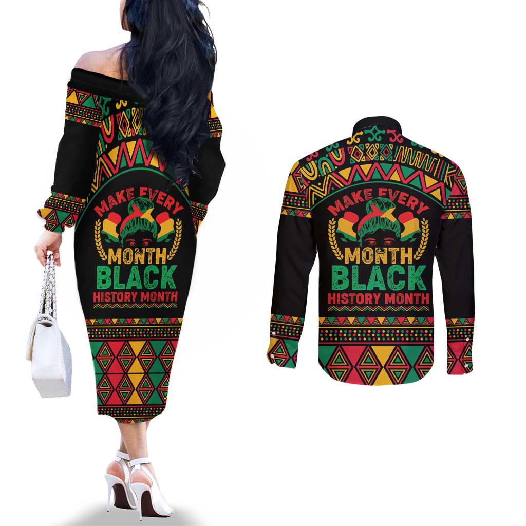 Make Every Month Black History Month Couples Matching Off The Shoulder Long Sleeve Dress and Long Sleeve Button Shirt African Pattern