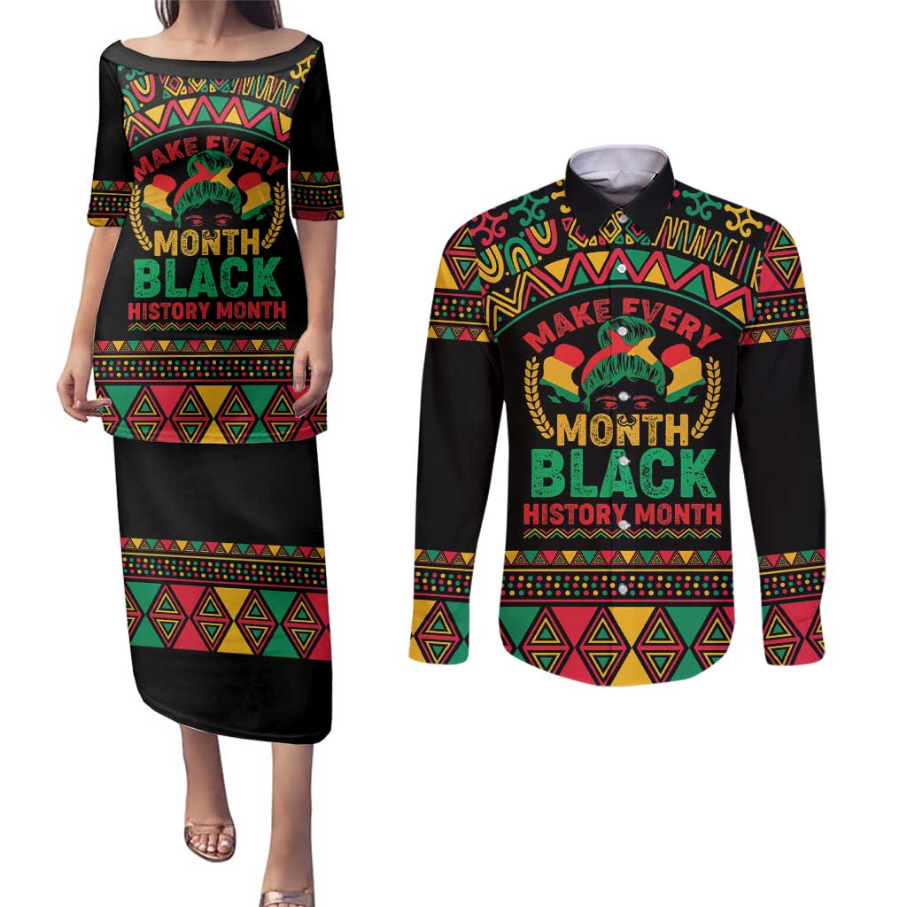 Make Every Month Black History Month Couples Matching Puletasi and Long Sleeve Button Shirt African Pattern - Wonder Print Shop