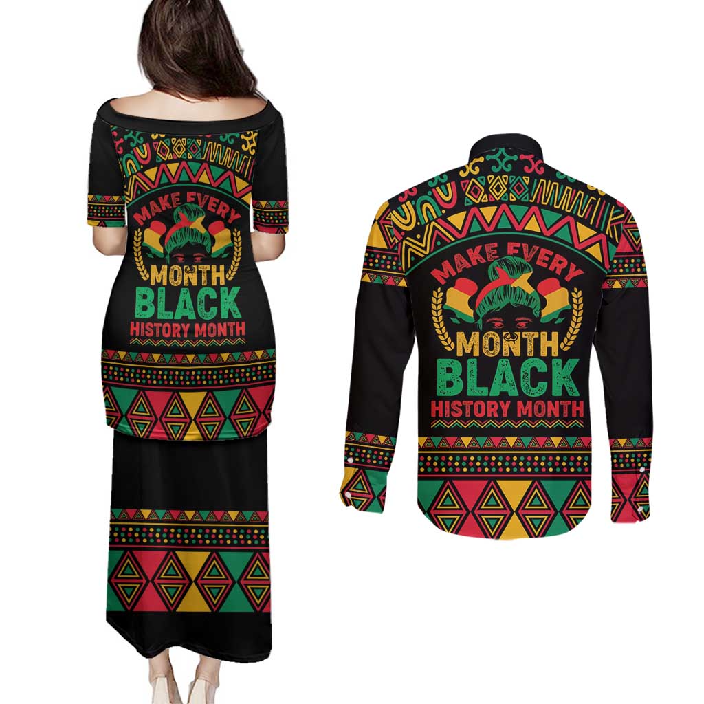 Make Every Month Black History Month Couples Matching Puletasi and Long Sleeve Button Shirt African Pattern - Wonder Print Shop