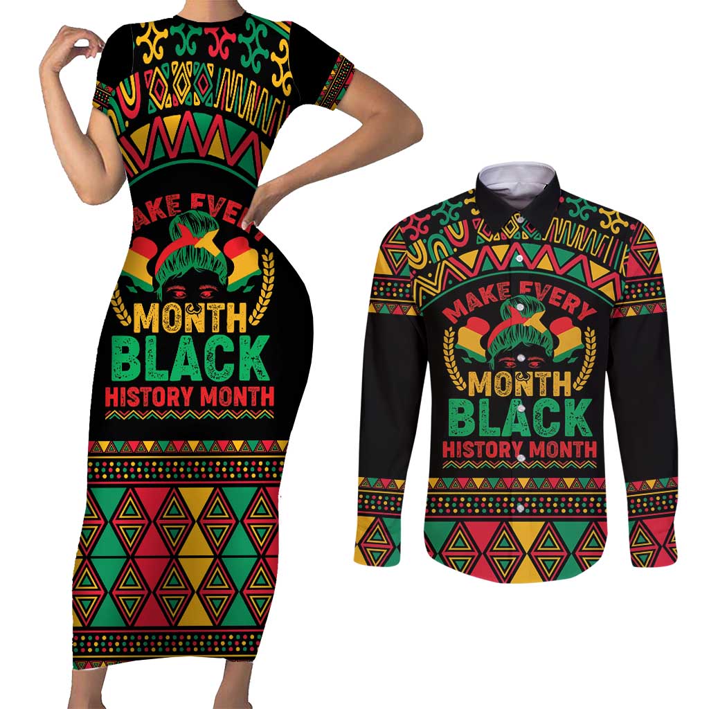 Make Every Month Black History Month Couples Matching Short Sleeve Bodycon Dress and Long Sleeve Button Shirt African Pattern - Wonder Print Shop