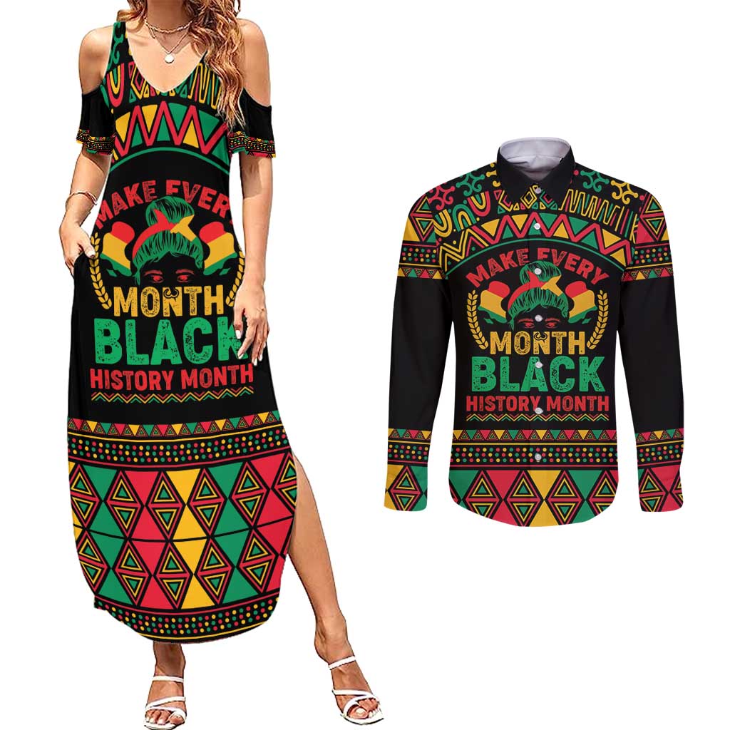 Make Every Month Black History Month Couples Matching Summer Maxi Dress and Long Sleeve Button Shirt African Pattern - Wonder Print Shop