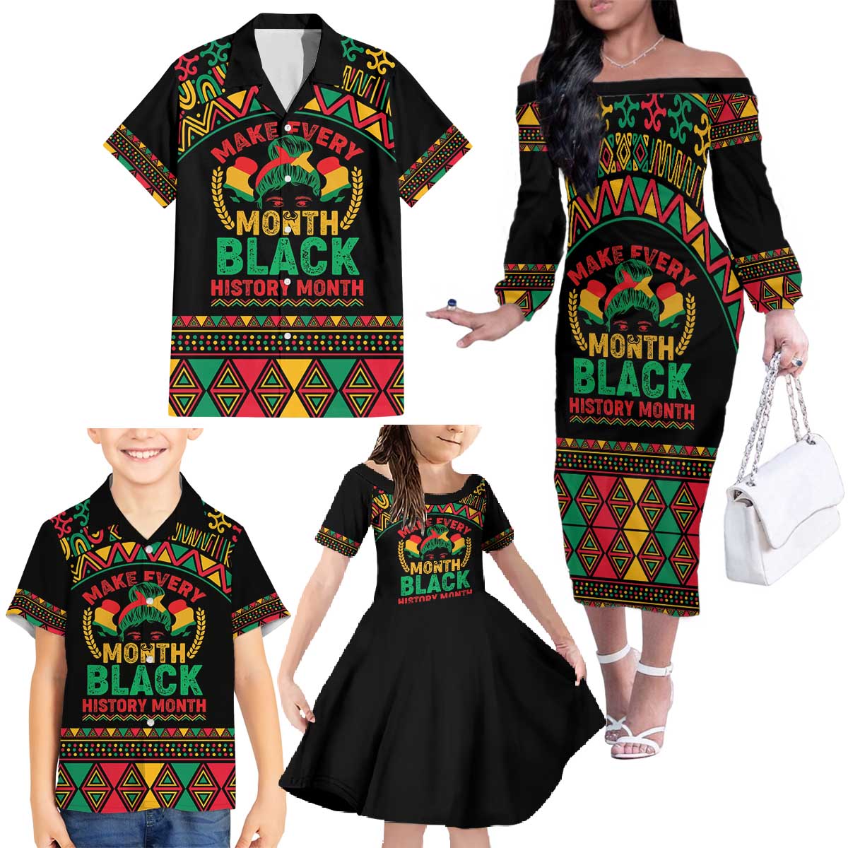 Make Every Month Black History Month Family Matching Off The Shoulder Long Sleeve Dress and Hawaiian Shirt African Pattern - Wonder Print Shop