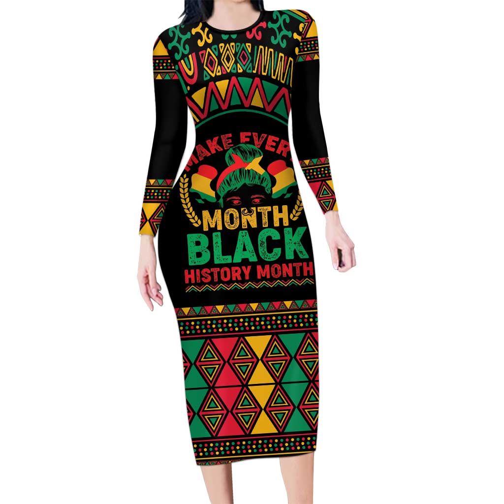Make Every Month Black History Month Long Sleeve Bodycon Dress African Pattern - Wonder Print Shop