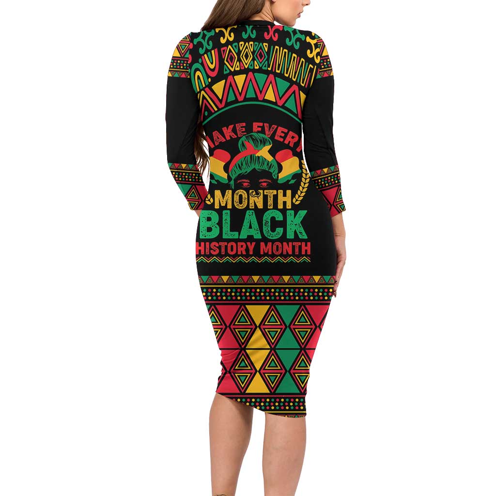 Make Every Month Black History Month Long Sleeve Bodycon Dress African Pattern - Wonder Print Shop
