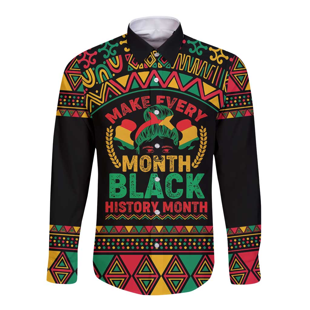 Make Every Month Black History Month Long Sleeve Button Shirt African Pattern - Wonder Print Shop