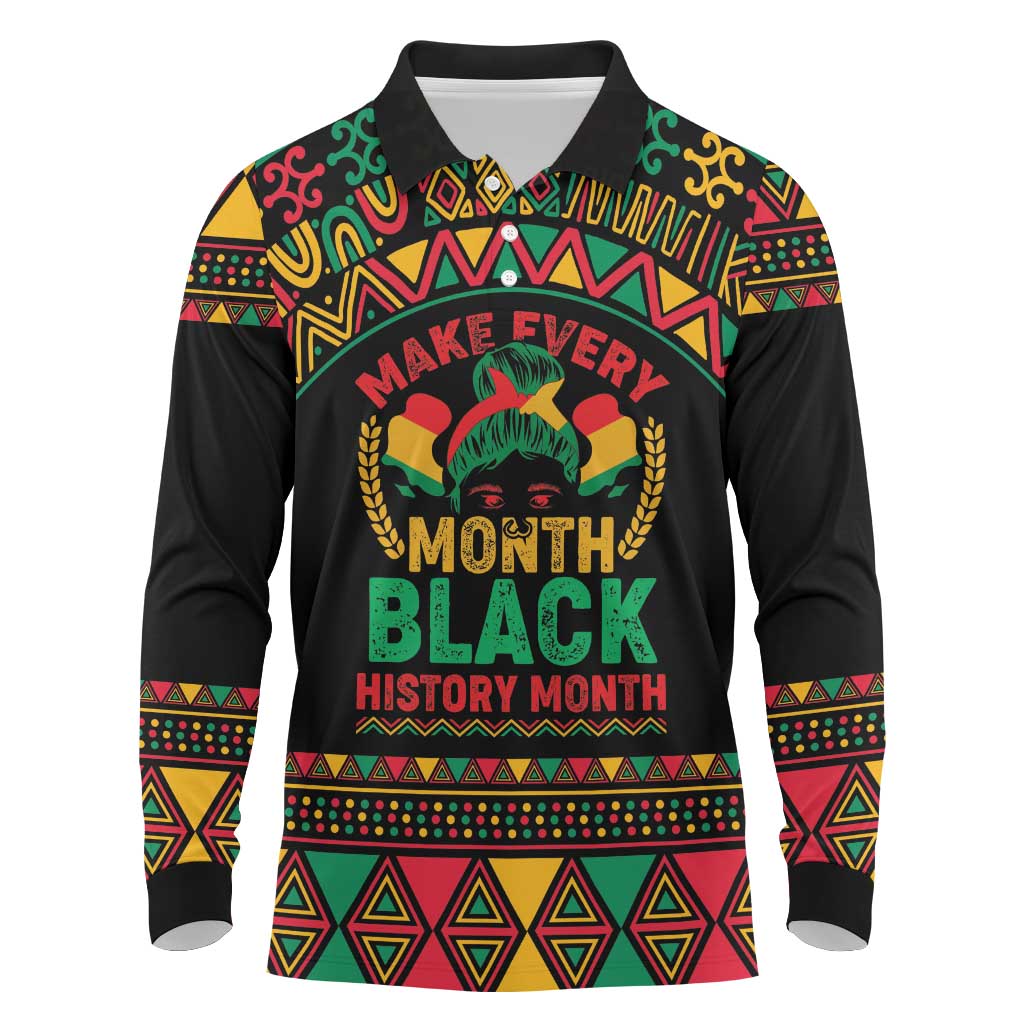 Make Every Month Black History Month Long Sleeve Polo Shirt African Pattern - Wonder Print Shop