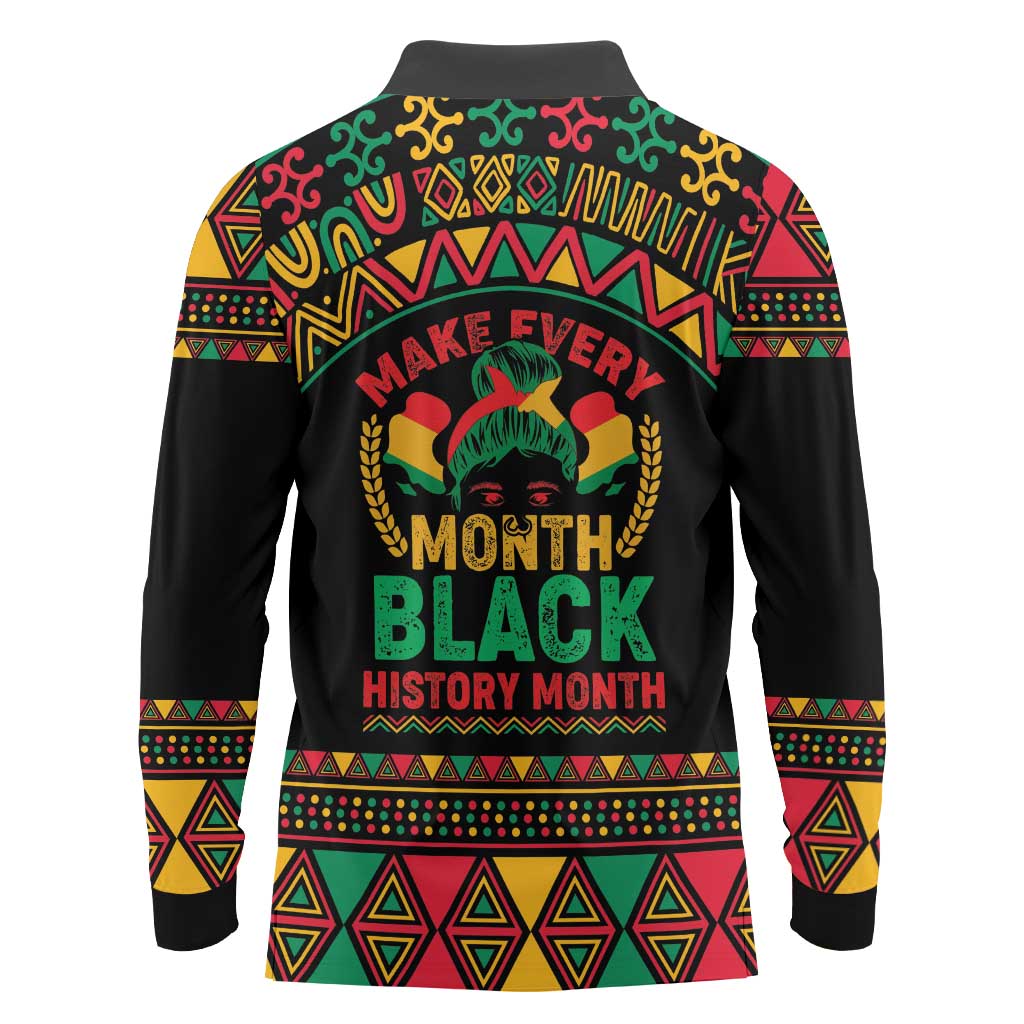 Make Every Month Black History Month Long Sleeve Polo Shirt African Pattern - Wonder Print Shop