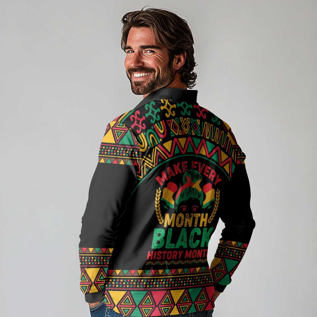 Make Every Month Black History Month Long Sleeve Polo Shirt African Pattern - Wonder Print Shop