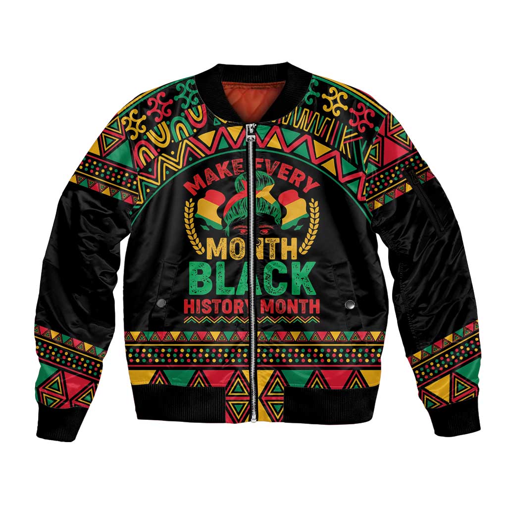 Make Every Month Black History Month Sleeve Zip Bomber Jacket African Pattern - Wonder Print Shop