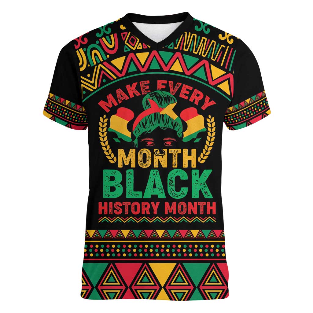 Make Every Month Black History Month Women V-Neck T-Shirt African Pattern - Wonder Print Shop