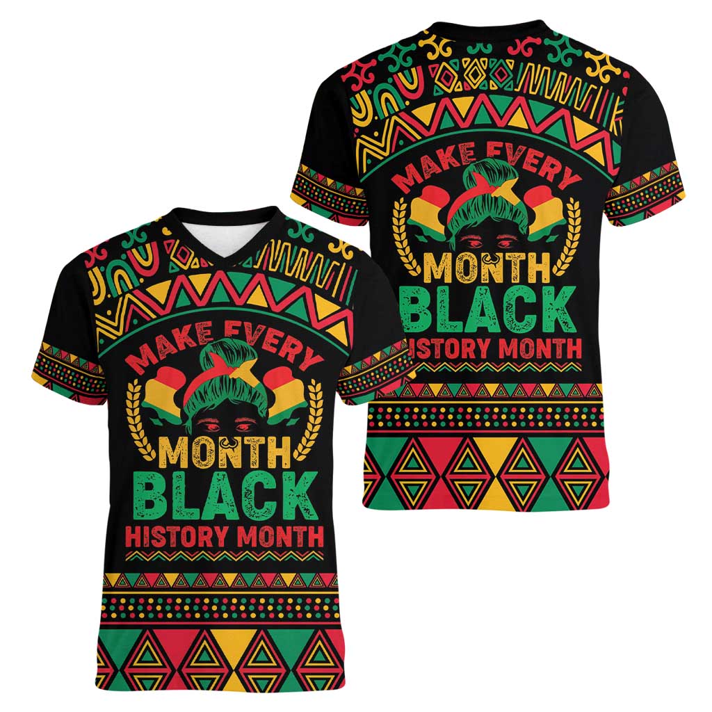 Make Every Month Black History Month Women V-Neck T-Shirt African Pattern - Wonder Print Shop