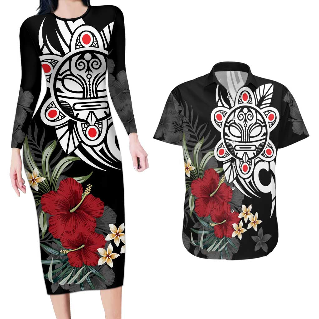 Taino Sun Tribal Couples Matching Long Sleeve Bodycon Dress and Hawaiian Shirt Tropical Hibiscus - Wonder Print Shop