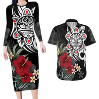 Taino Sun Tribal Couples Matching Long Sleeve Bodycon Dress and Hawaiian Shirt Tropical Hibiscus - Wonder Print Shop
