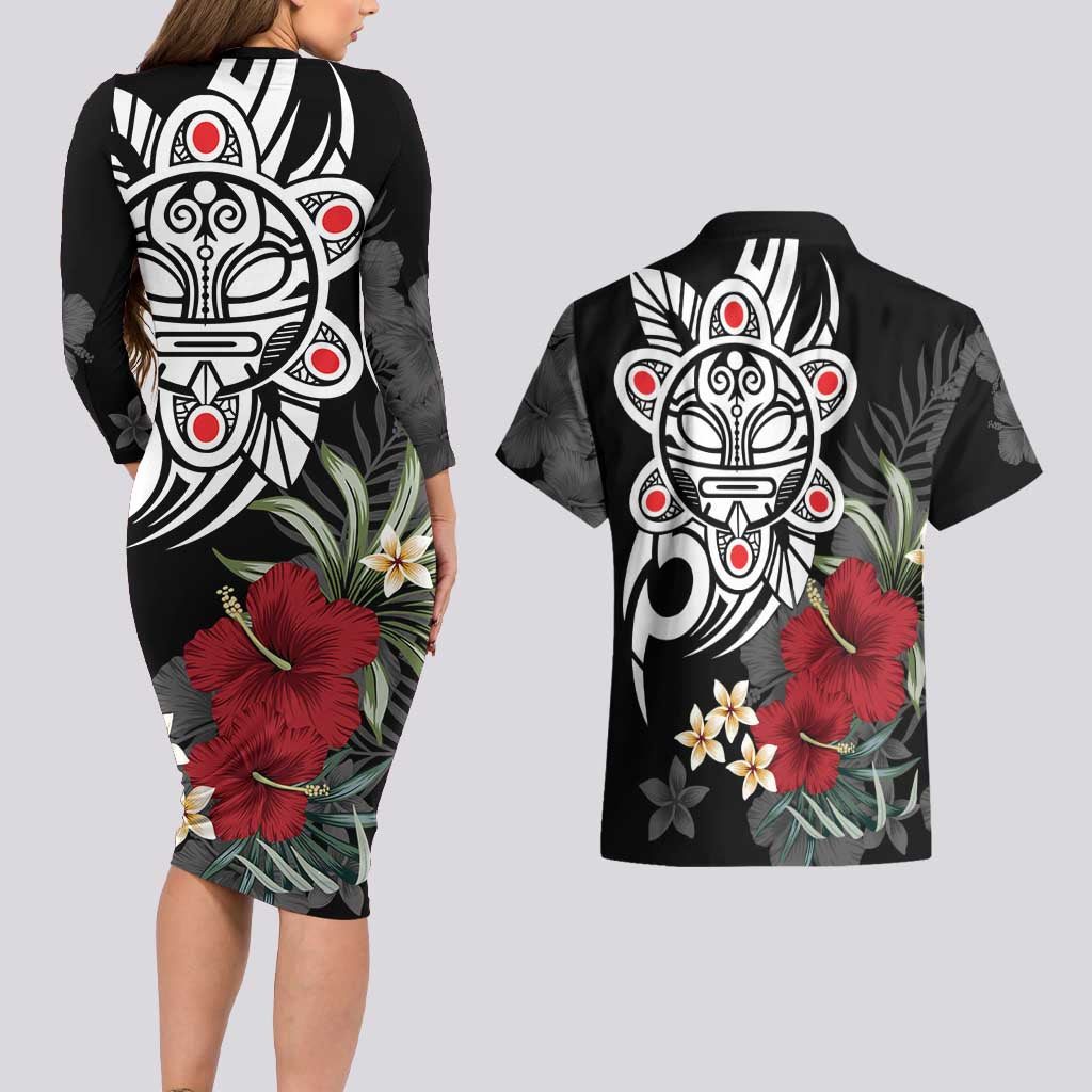 Taino Sun Tribal Couples Matching Long Sleeve Bodycon Dress and Hawaiian Shirt Tropical Hibiscus - Wonder Print Shop