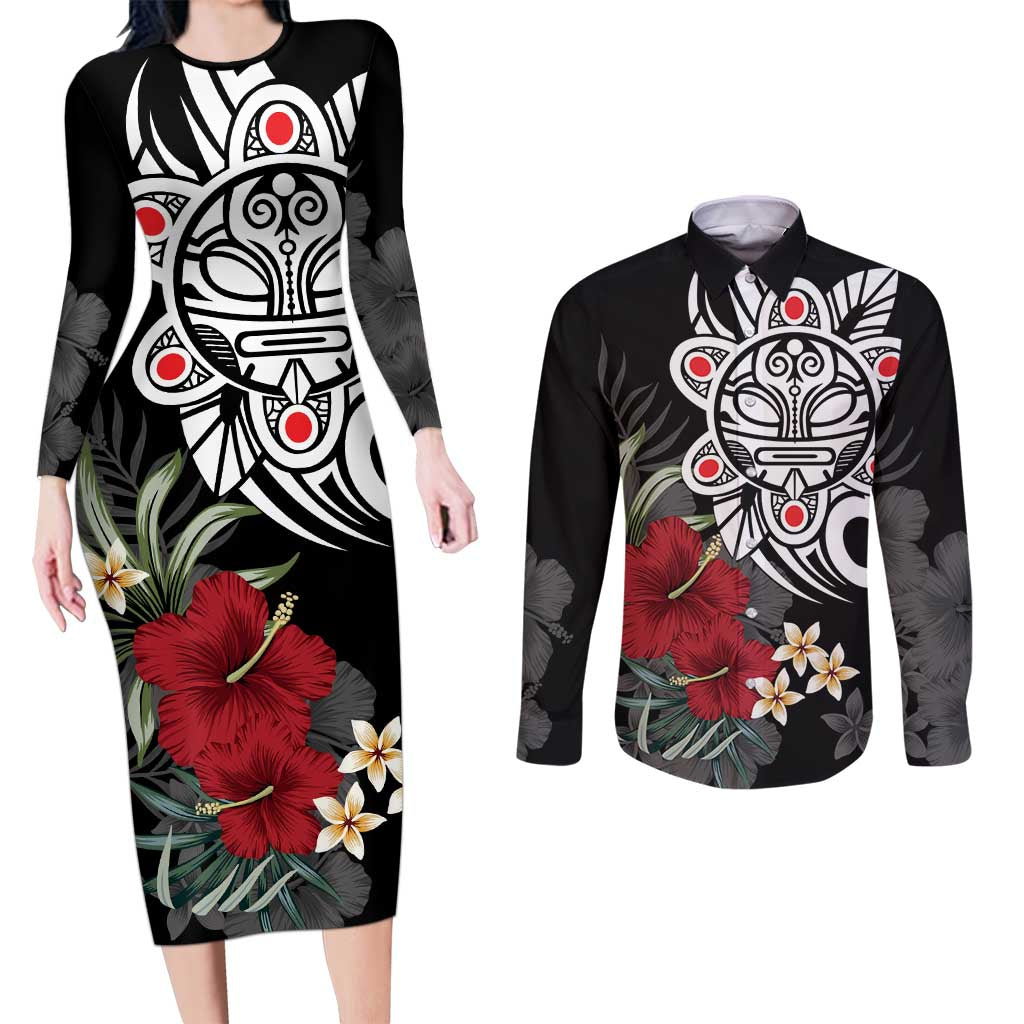 Taino Sun Tribal Couples Matching Long Sleeve Bodycon Dress and Long Sleeve Button Shirt Tropical Hibiscus - Wonder Print Shop