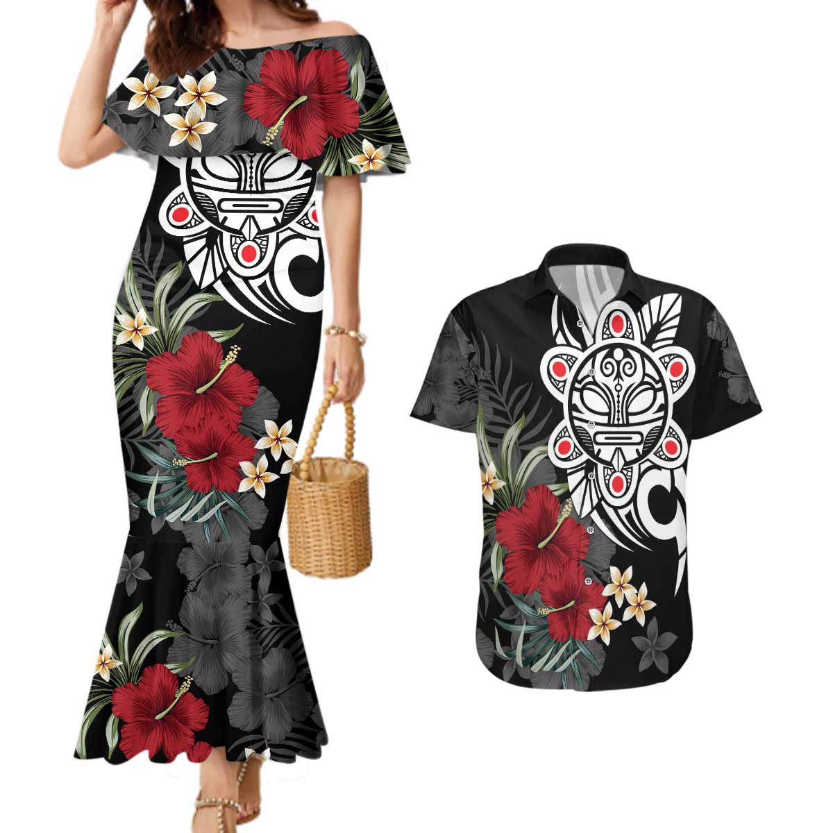 Taino Sun Tribal Couples Matching Mermaid Dress and Hawaiian Shirt Tropical Hibiscus - Wonder Print Shop